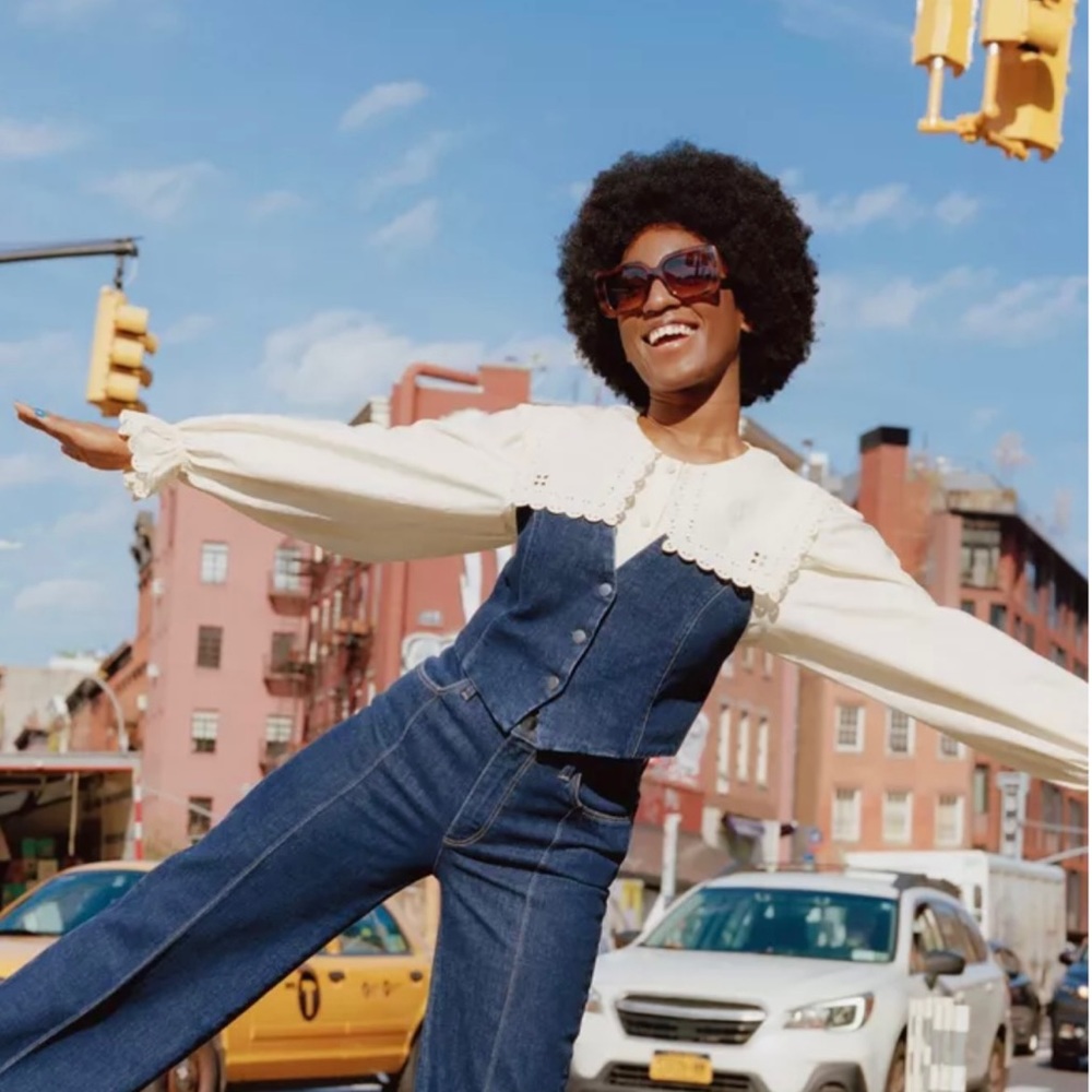 & Other Stories Cream Eyelet-Collar Blouse with Dark Blue Denim Vest